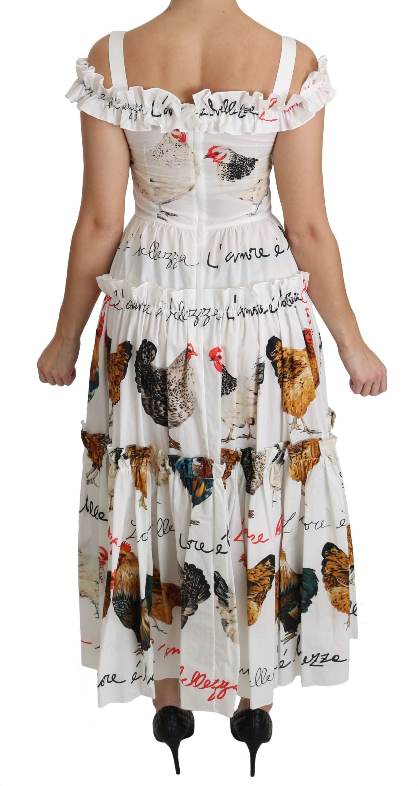 Dolce & Gabbana White Rooster Sheath Midi Cotton Dress