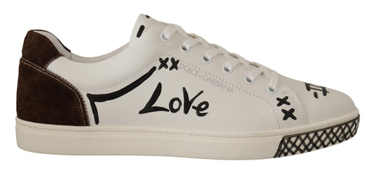 Dolce & Gabbana Elegant White Love Motif Leather Sneakers