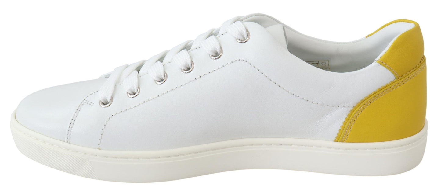 Dolce & Gabbana White Yellow Leather Low Top  Sneakers Shoes