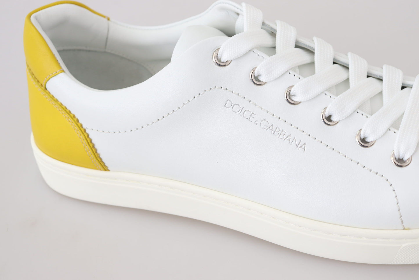 Dolce & Gabbana White Yellow Leather Low Top  Sneakers Shoes