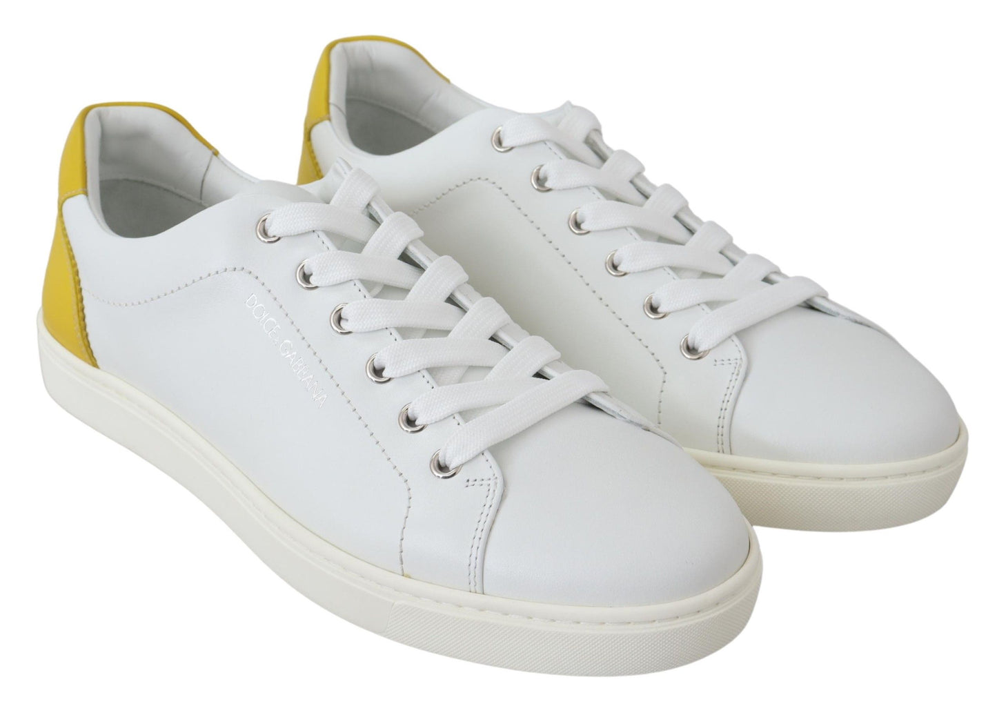 Dolce & Gabbana White Yellow Leather Low Top  Sneakers Shoes