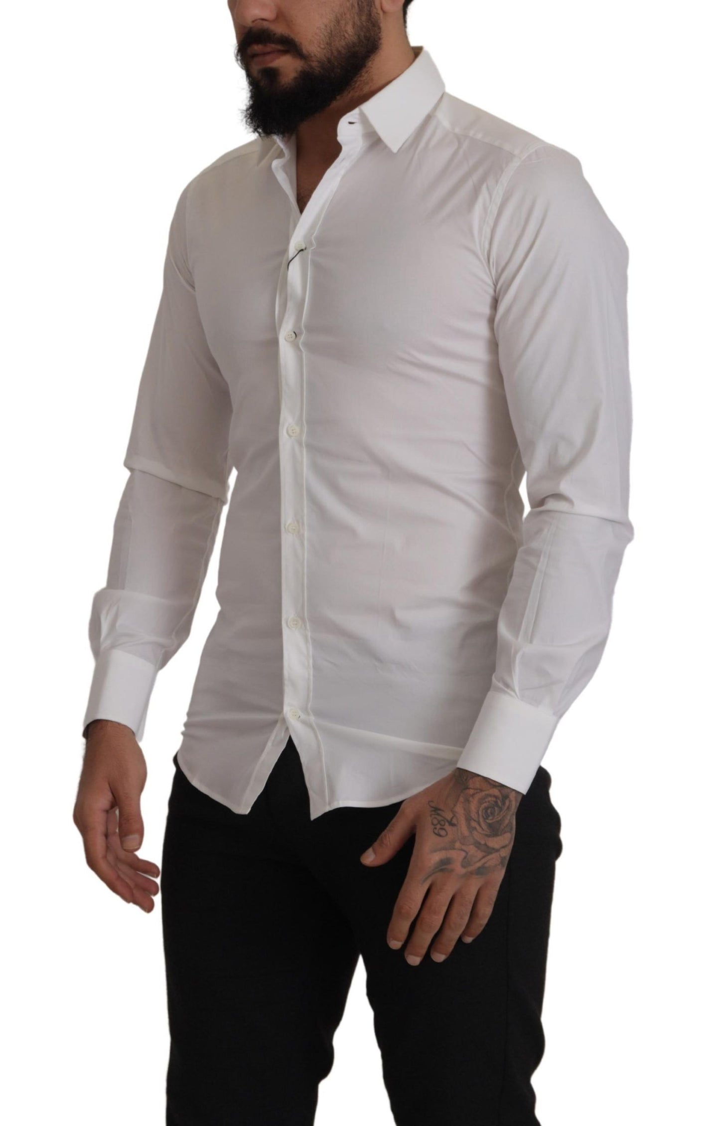 Dolce & Gabbana White Stretch GOLD Slim Fit Dress Shirt