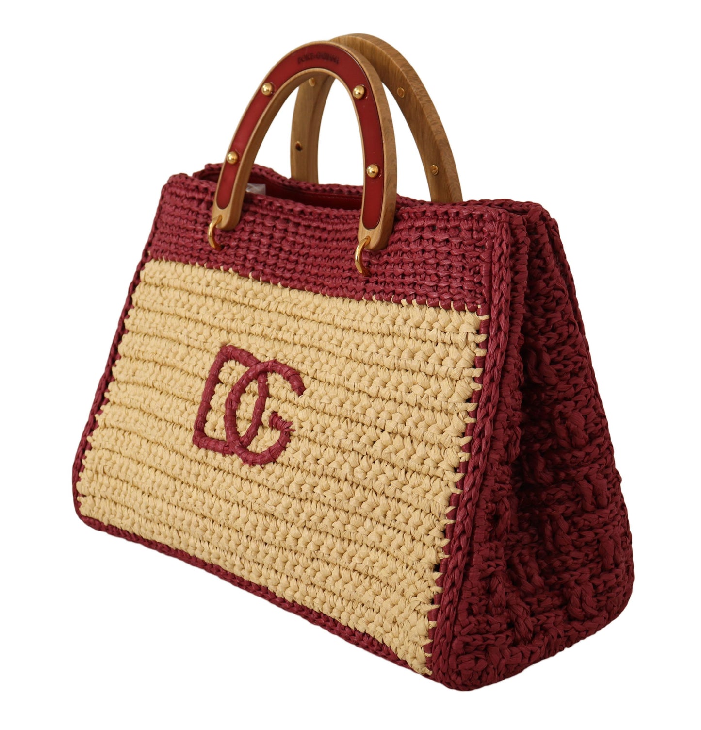 Dolce & Gabbana Chic Beige Raffia Tote with Maroon Accents