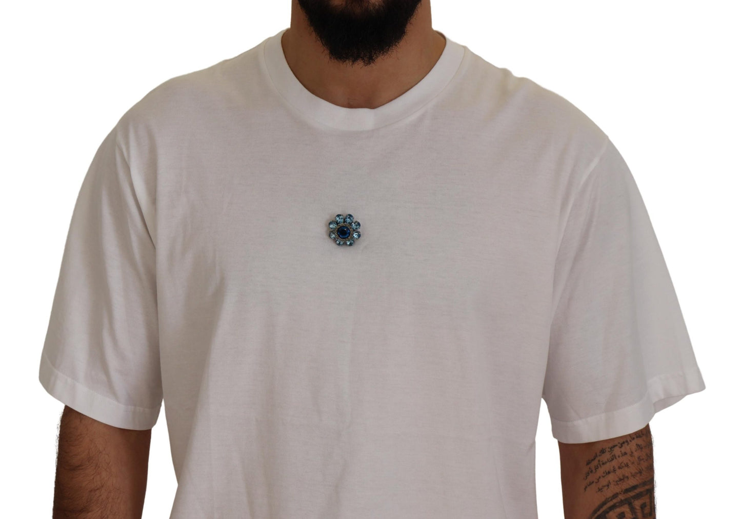 Dolce & Gabbana White Cotton Blue Crystal Men T-shirt