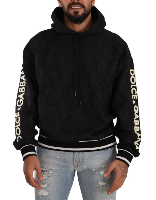 Dolce & Gabbana Black Logo Brocade Hooded Pullover Top Sweater