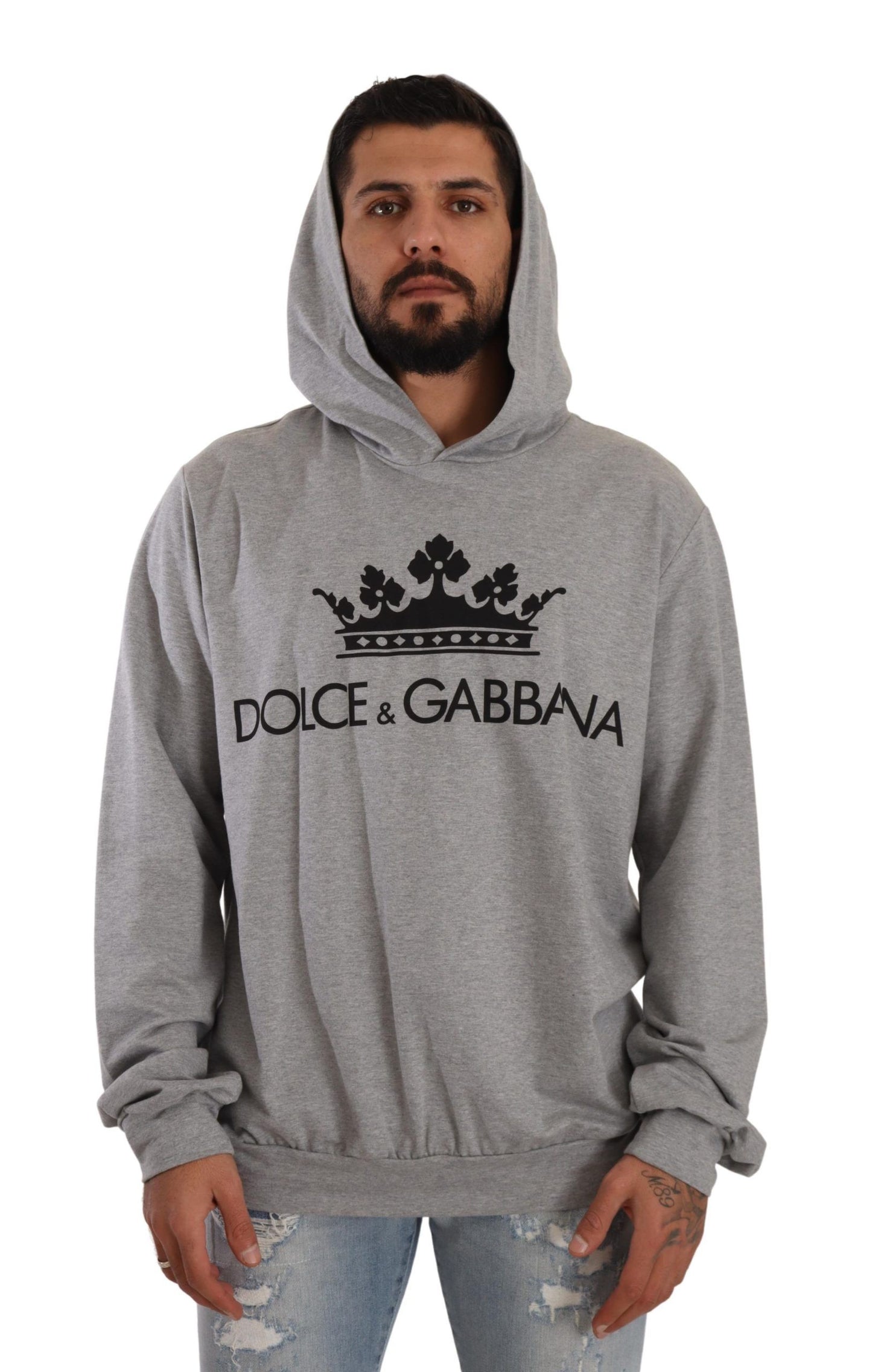 Dolce & Gabbana Elegant Gray Crown-Print Hooded Sweater