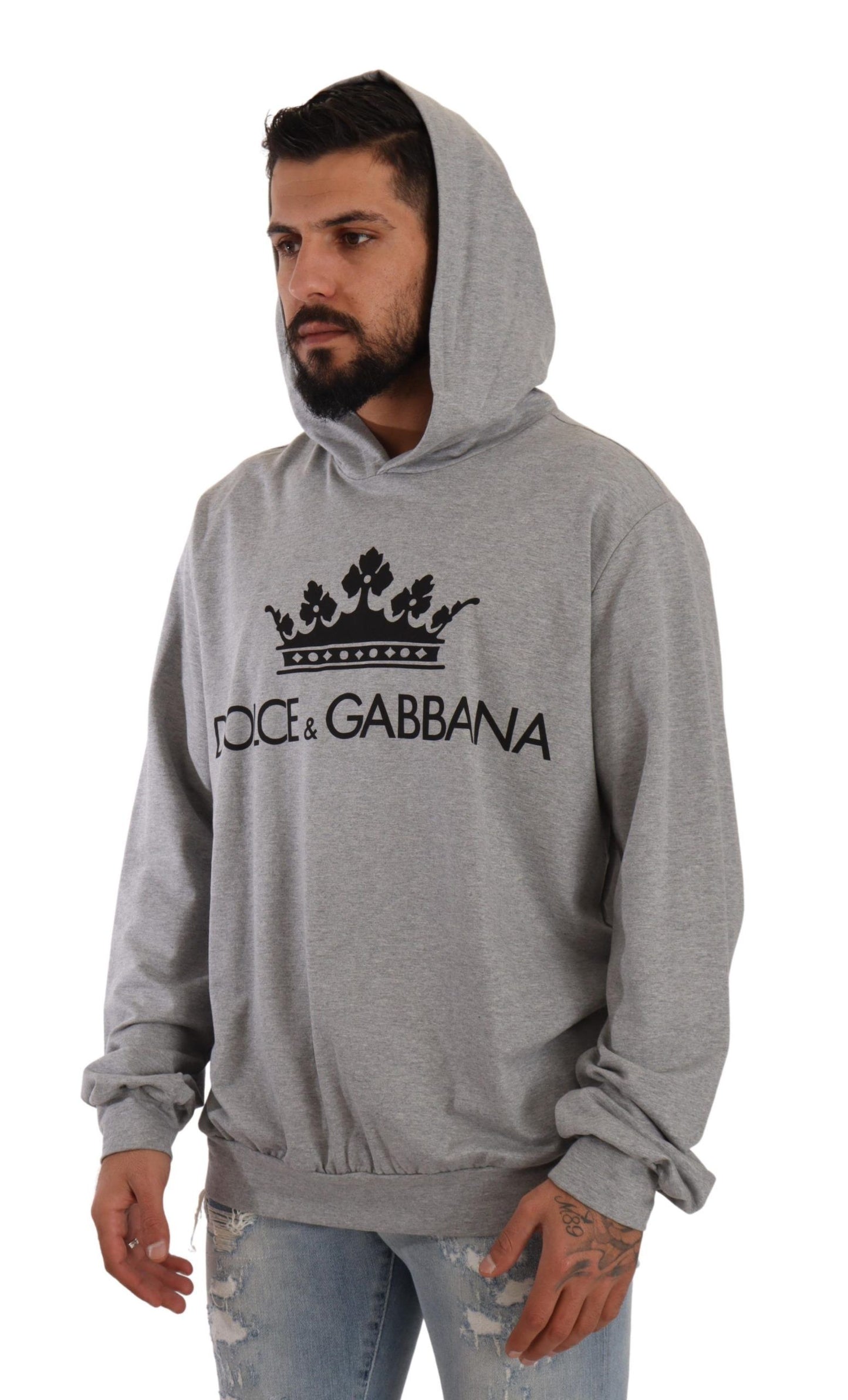 Dolce & Gabbana Elegant Gray Crown-Print Hooded Sweater