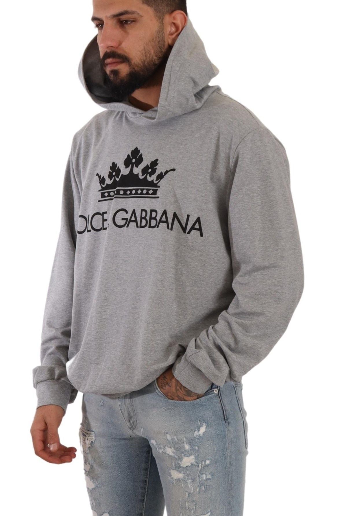 Dolce & Gabbana Elegant Gray Crown-Print Hooded Sweater