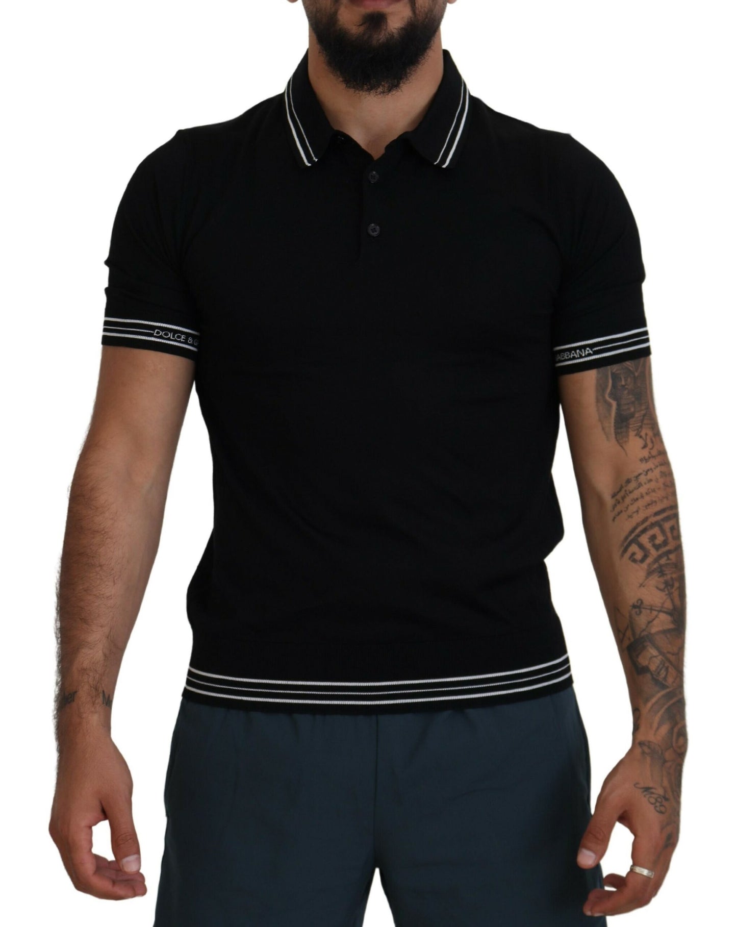 Dolce & Gabbana Elegant Black Silk Polo T-Shirt with White Detailing