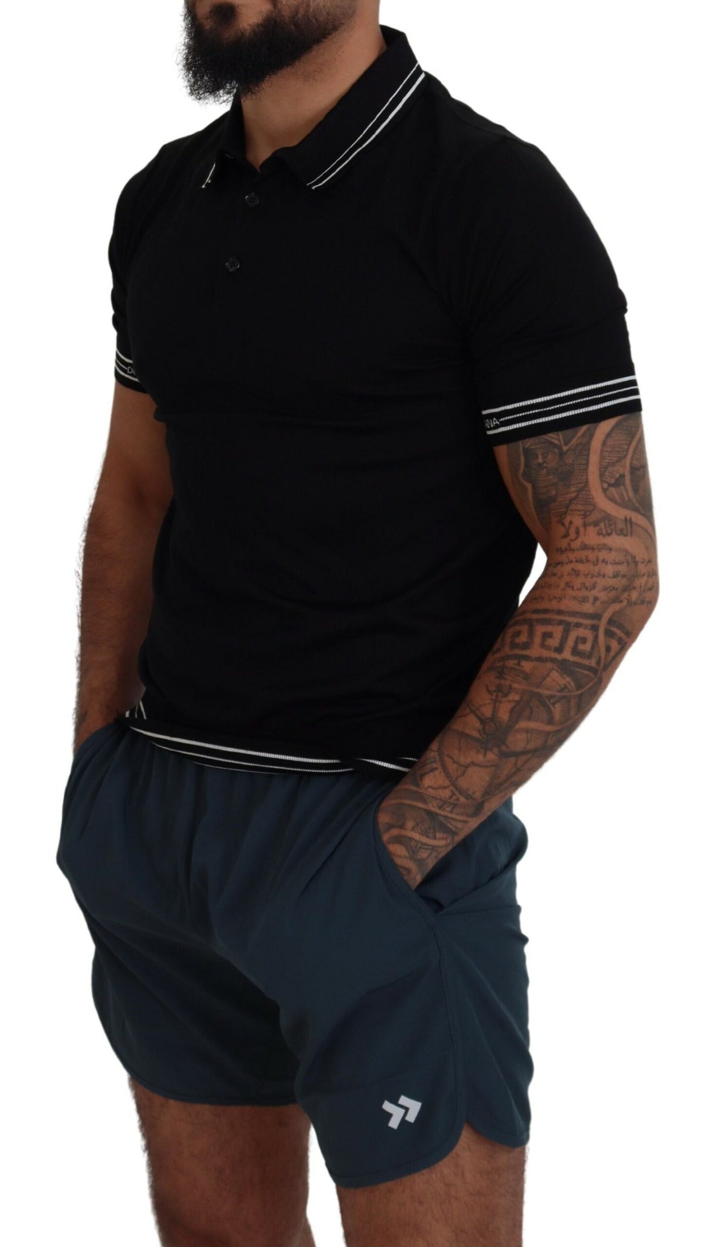 Dolce & Gabbana Elegant Black Silk Polo T-Shirt with White Detailing