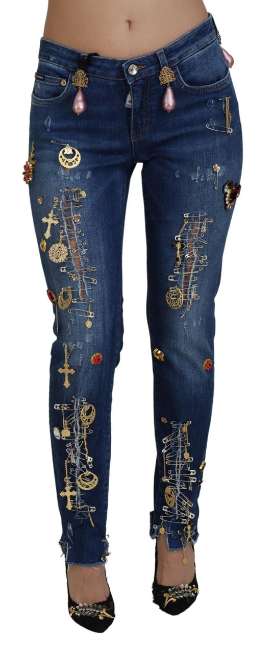 Dolce & Gabbana Blue Crystal Pins Slim Fit Denim Cotton Jeans