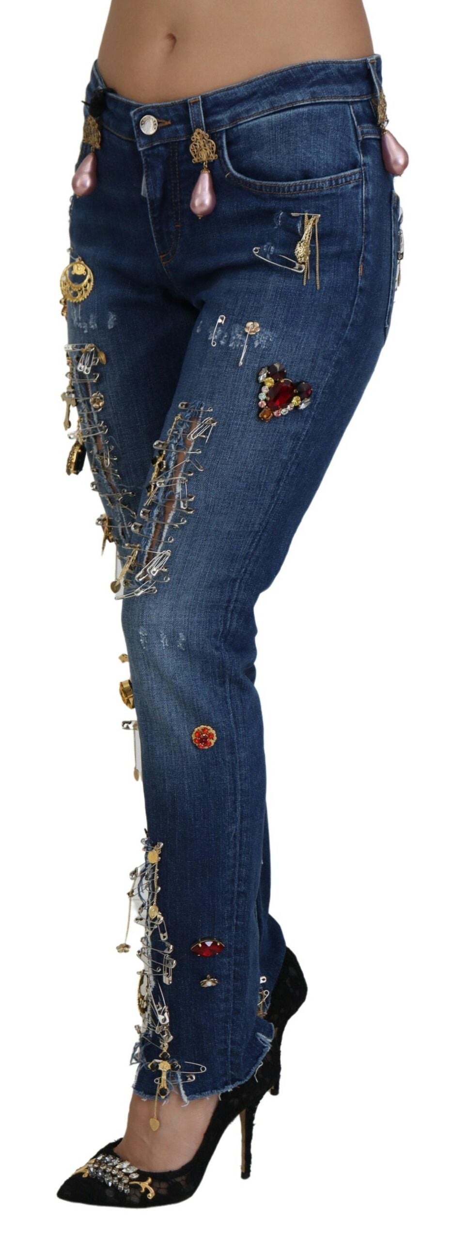 Dolce & Gabbana Blue Crystal Pins Slim Fit Denim Cotton Jeans