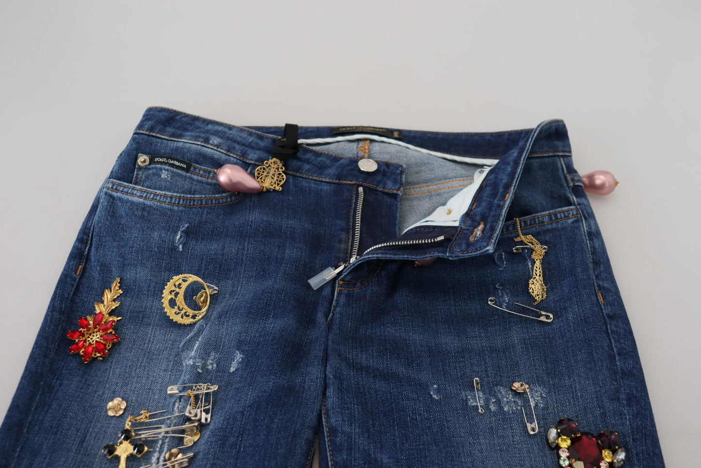 Dolce & Gabbana Blue Crystal Pins Slim Fit Denim Cotton Jeans