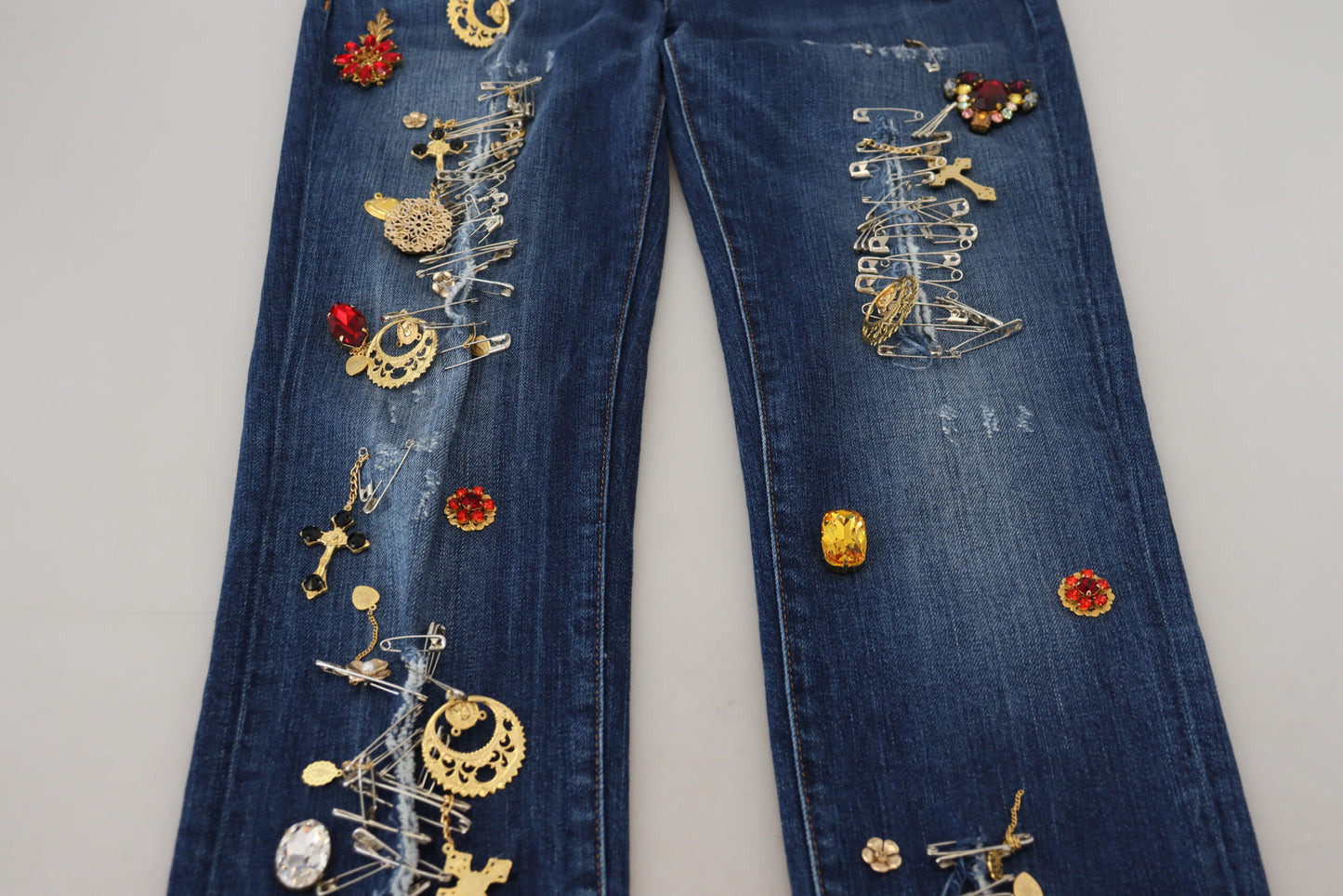 Dolce & Gabbana Blue Crystal Pins Slim Fit Denim Cotton Jeans