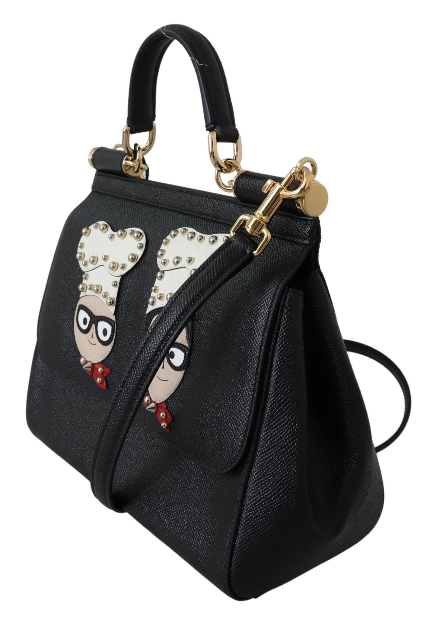 Dolce & Gabbana Chic Black Leather Sicily Handbag with Angel Detail