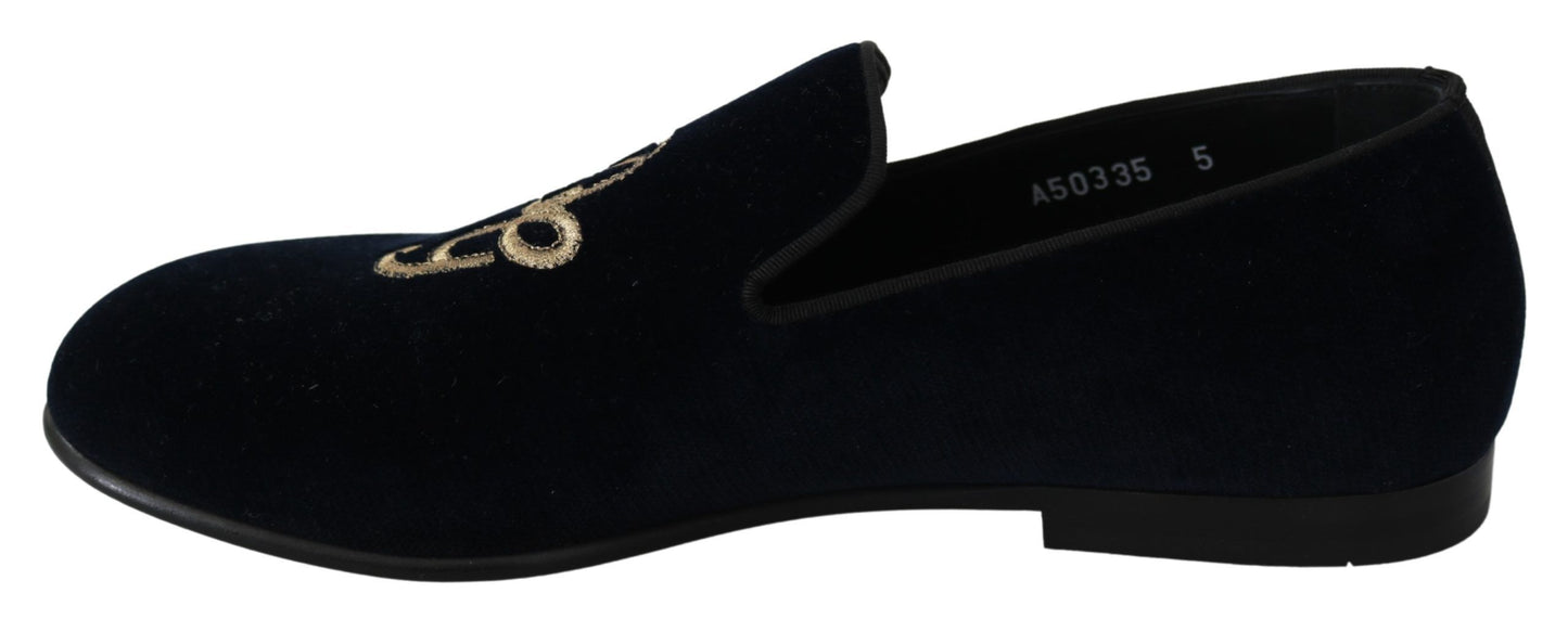 Dolce & Gabbana Blue Velvet Gold Logo Slipper Loafers Shoes