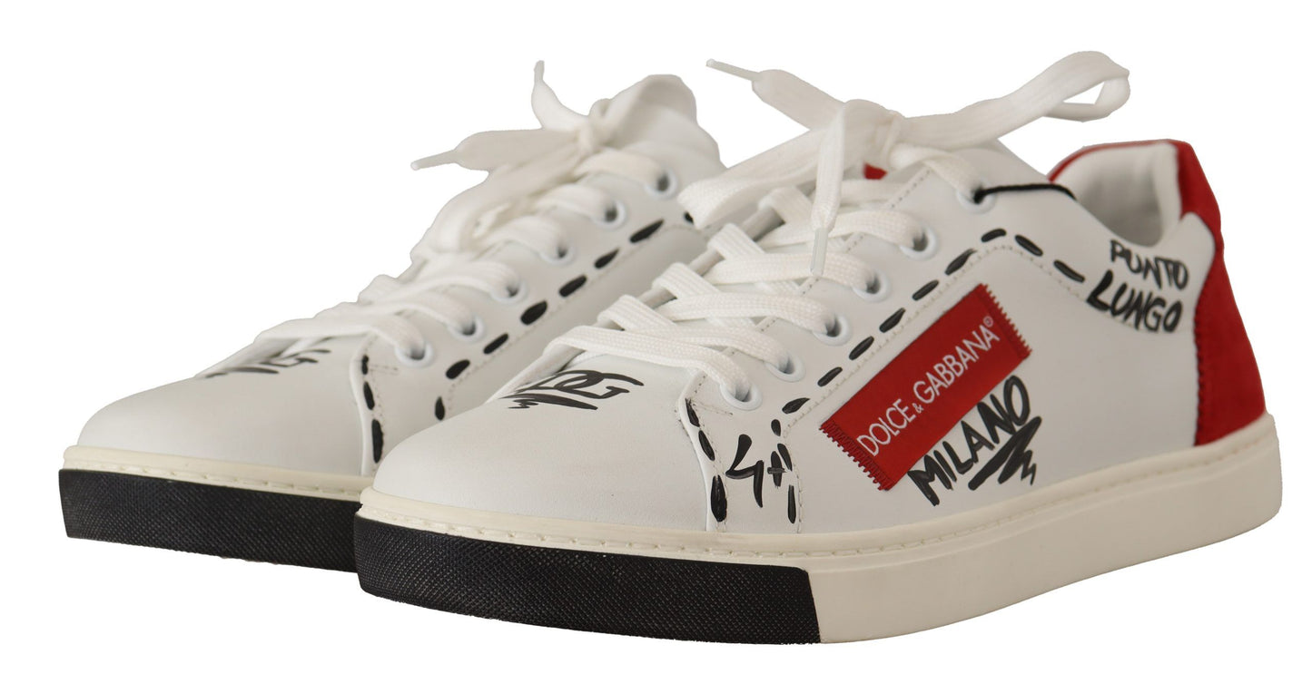 Dolce & Gabbana Chic White Leather Casual Sneakers with Red Logo