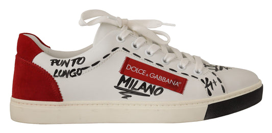 Dolce & Gabbana Chic White Leather Casual Sneakers with Red Logo