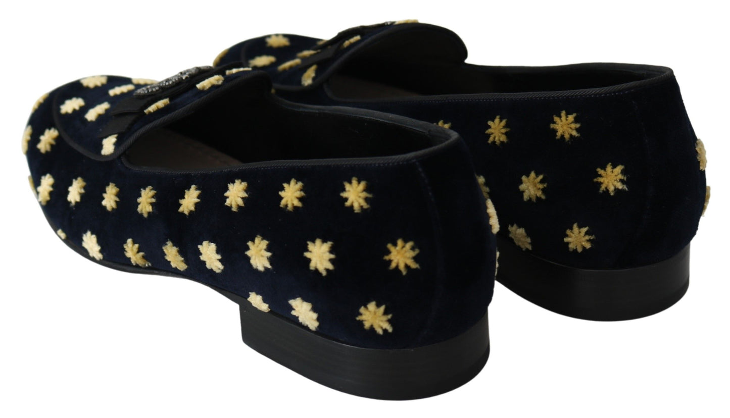 Dolce & Gabbana Blue Velvet Crown Slippers Loafers Shoes