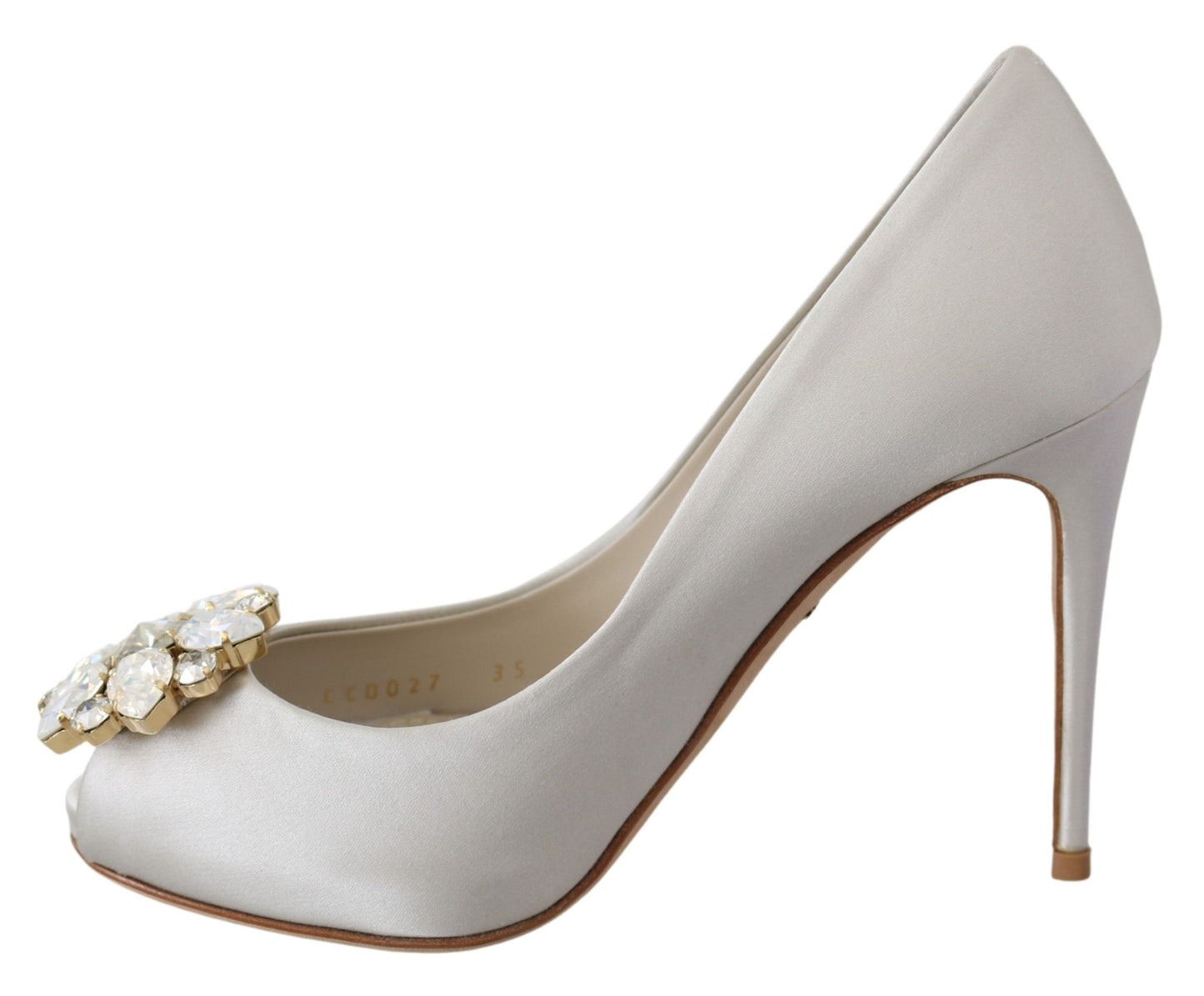 Dolce & Gabbana White Crystal Peep Toe Silk Blend Heels