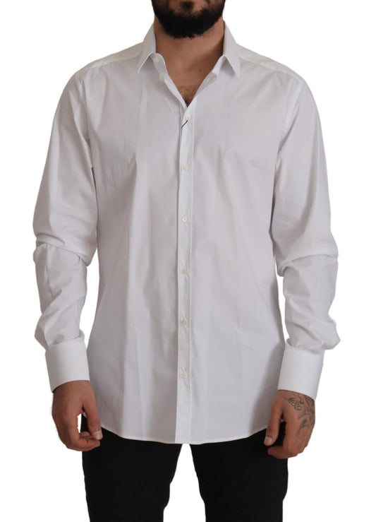 Dolce & Gabbana White Cotton Stretch Slim Fit GOLD Shirt