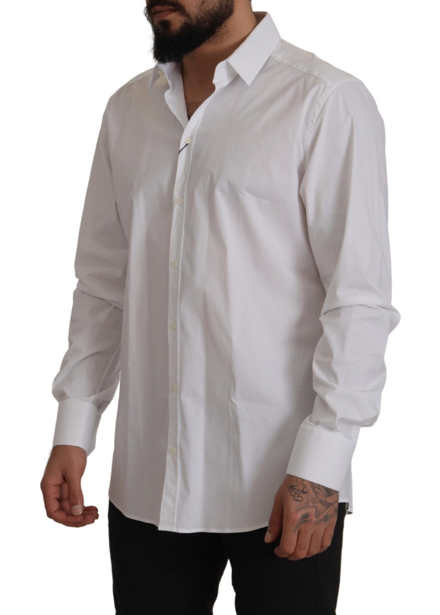 Dolce & Gabbana White Cotton Stretch Slim Fit GOLD Shirt