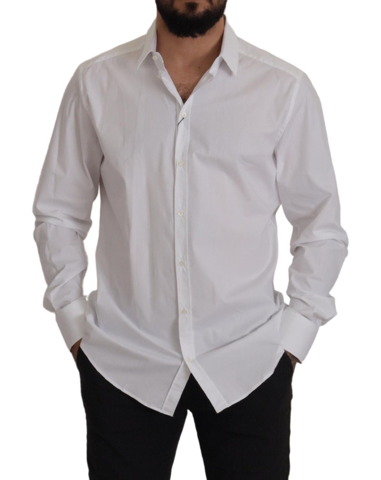 Dolce & Gabbana White Cotton Stretch Slim Fit GOLD Shirt