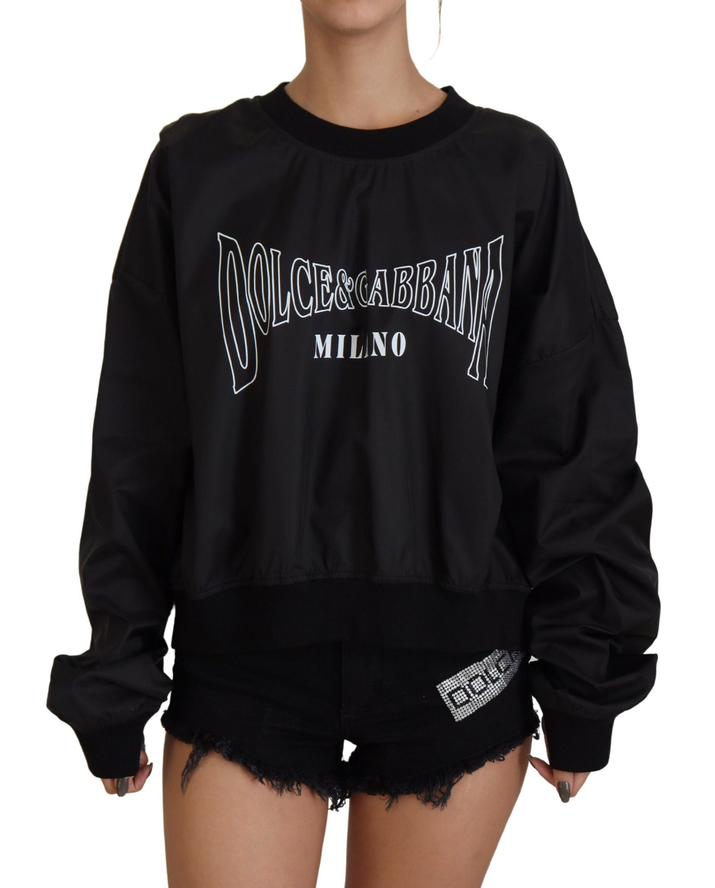 Dolce & Gabbana Black Nylon Crewneck Pullover Logo Sweater