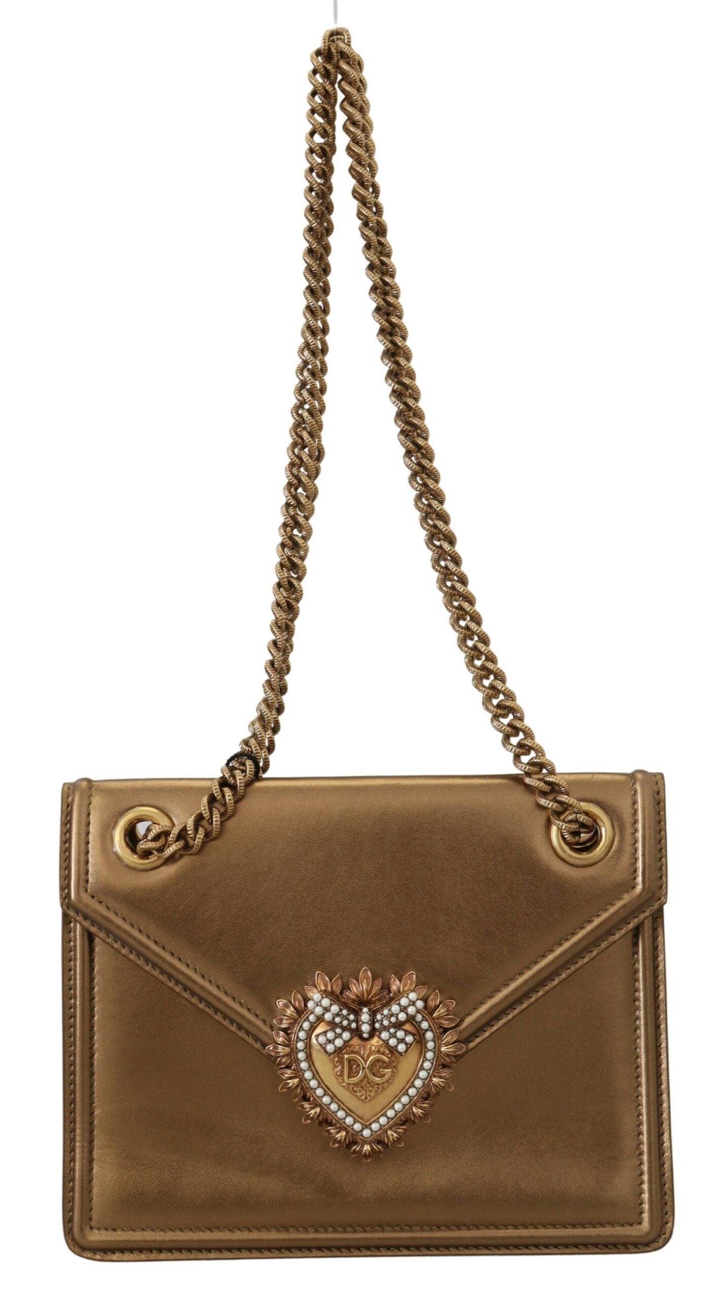 Dolce & Gabbana Elegant Bronze Leather Shoulder Bag with Chain Strap