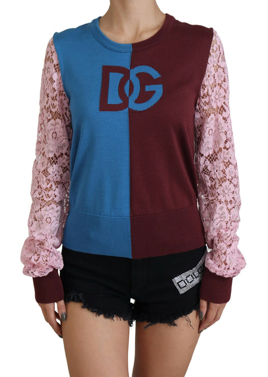 Dolce & Gabbana Multicolor Lace Round Neck Pullover Sweater