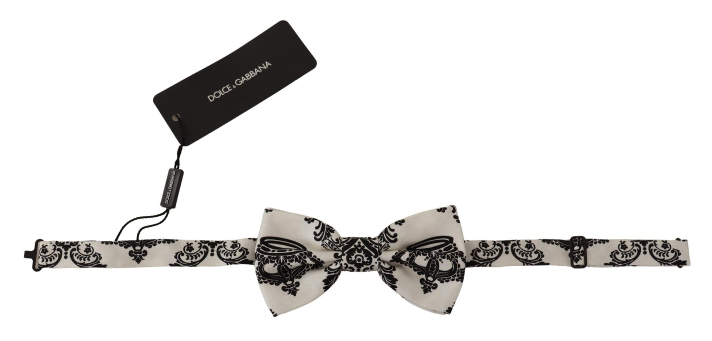 Dolce & Gabbana Elegant White Silk Bow Tie with Crown Pattern