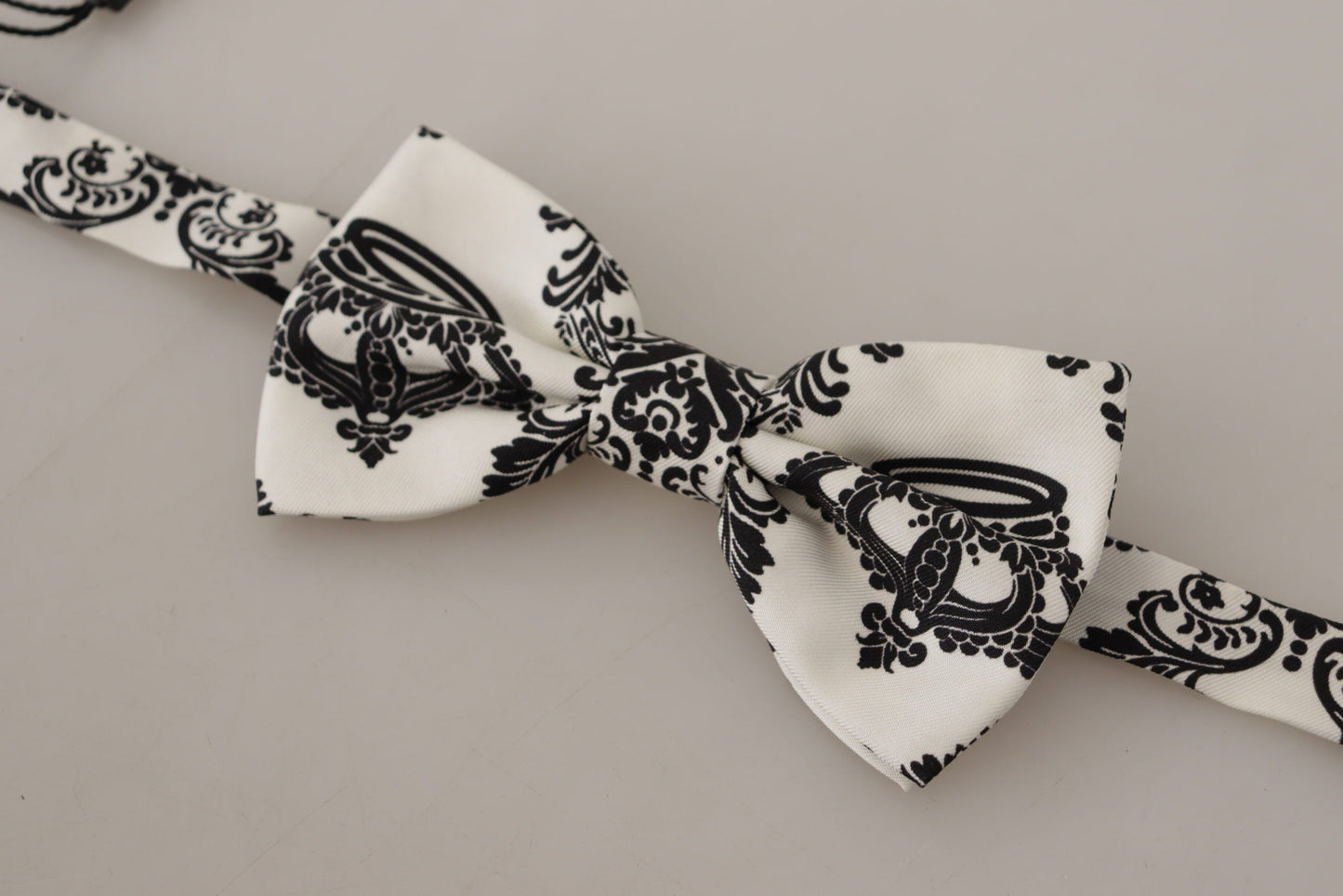 Dolce & Gabbana Elegant White Silk Bow Tie with Crown Pattern