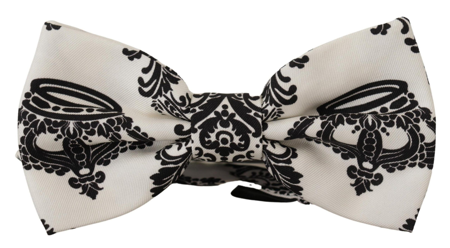 Dolce & Gabbana Elegant White Silk Bow Tie with Crown Pattern