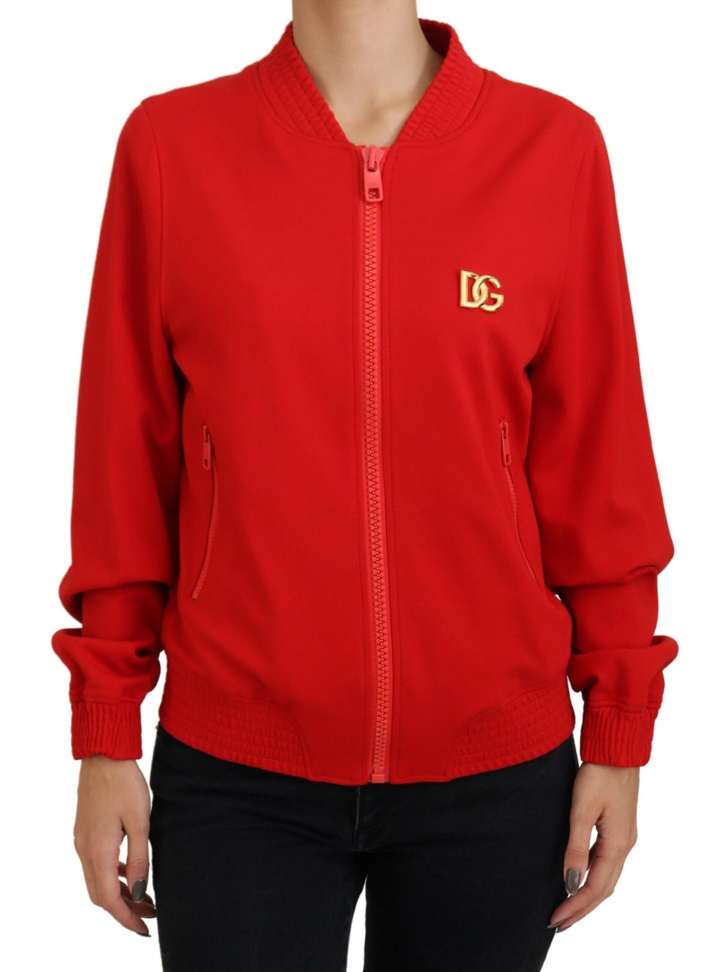 Dolce & Gabbana Red Viscose Full Zip DG Logo Blouson Sweater