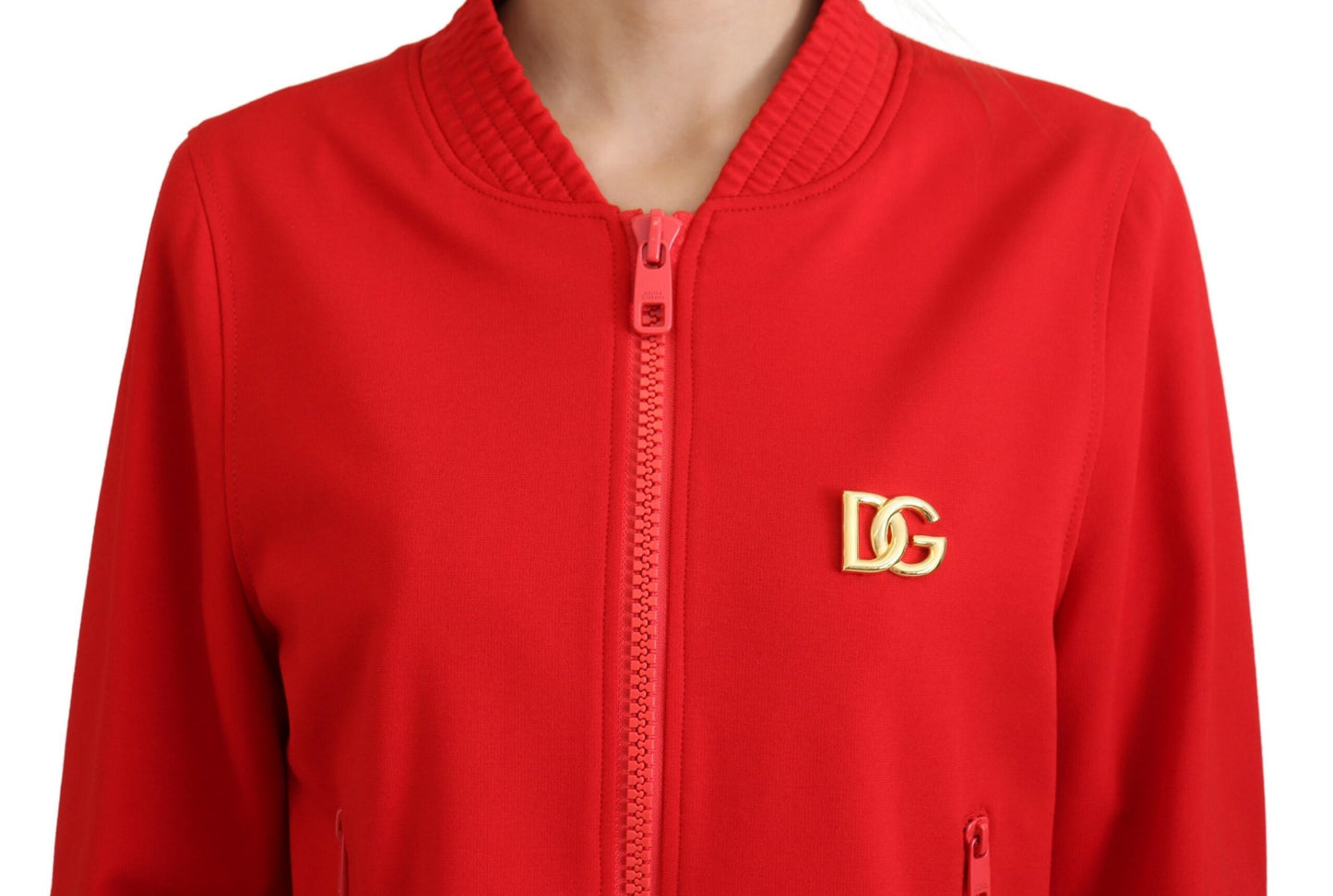 Dolce & Gabbana Red Viscose Full Zip DG Logo Blouson Sweater