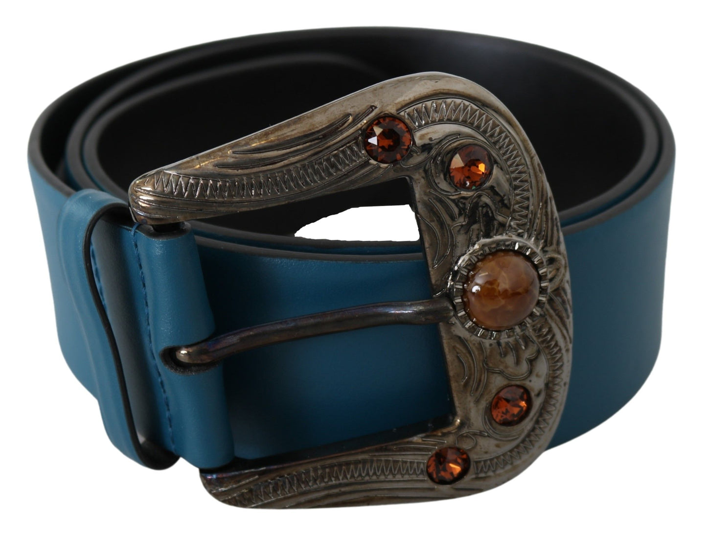 Dolce & Gabbana Elegant Blue Leather Belt with Crystal Buckle