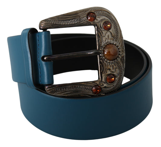 Dolce & Gabbana Elegant Blue Leather Belt with Crystal Buckle