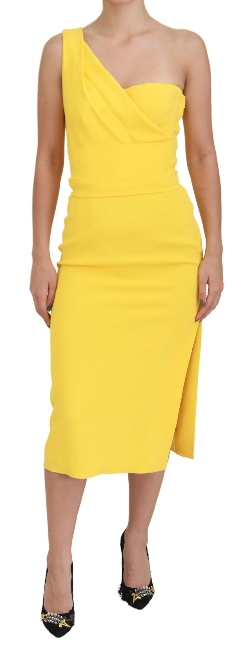 Dolce & Gabbana Yellow One Shoulder Side Slit Midi Dress