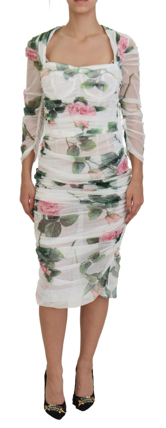 Dolce & Gabbana Elegant White Rose Print Midi Sheath Dress