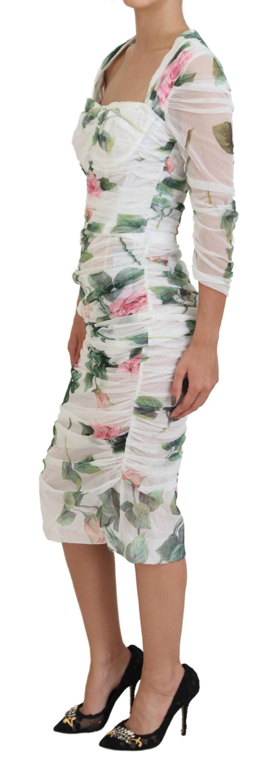 Dolce & Gabbana Elegant White Rose Print Midi Sheath Dress