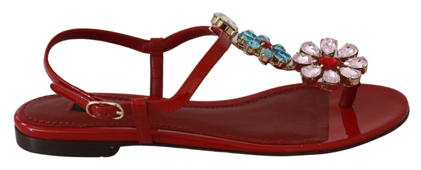 Dolce & Gabbana Iconic Red Leather Flats with Multicolor Crystals