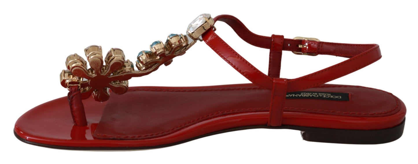 Dolce & Gabbana Iconic Red Leather Flats with Multicolor Crystals