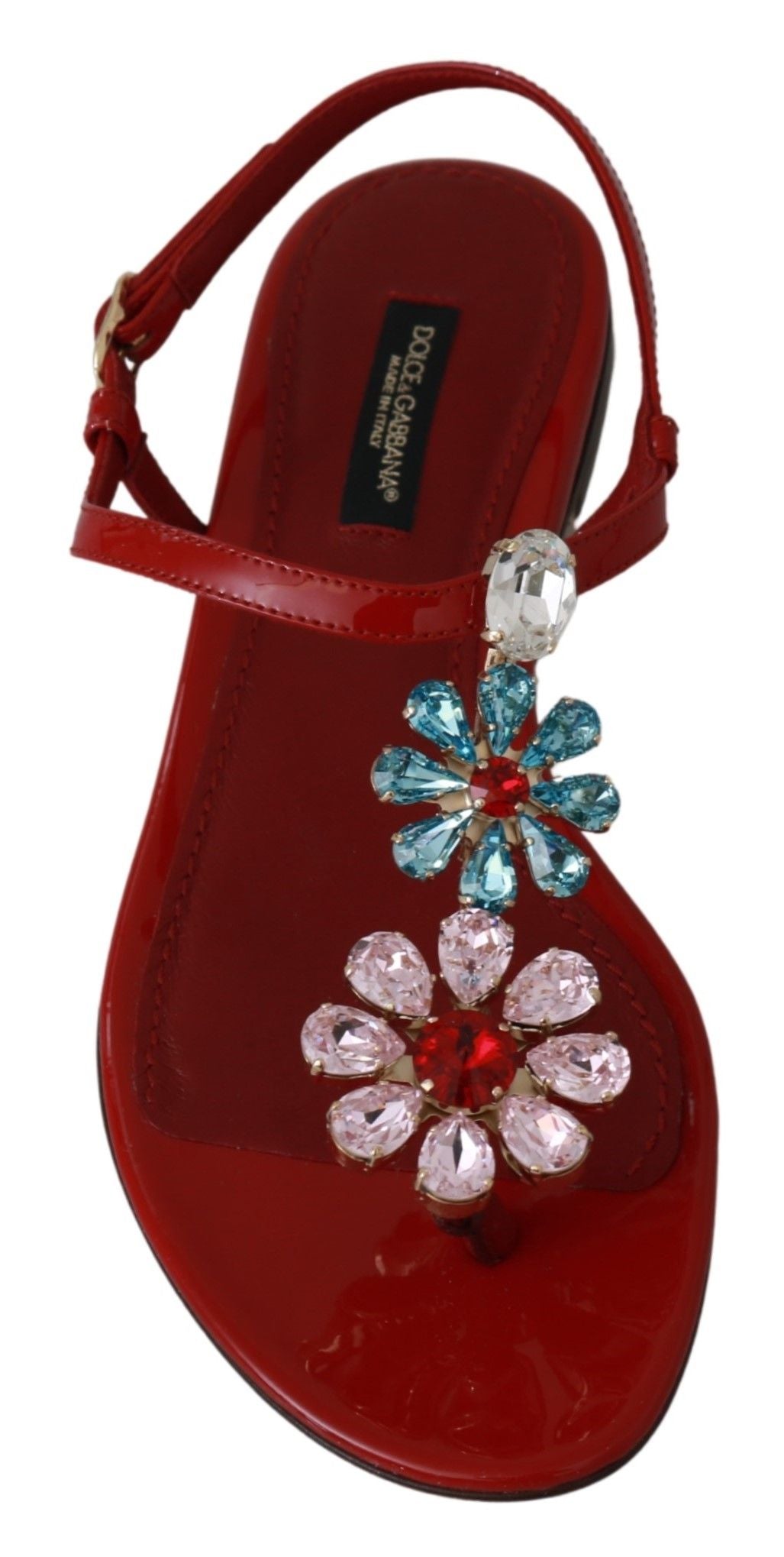 Dolce & Gabbana Iconic Red Leather Flats with Multicolor Crystals