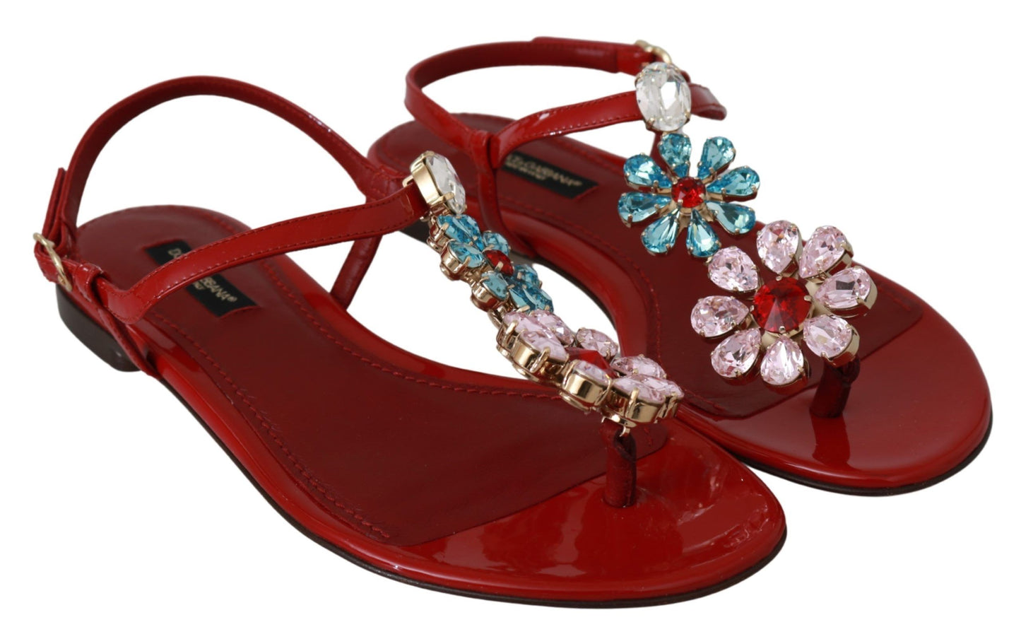 Dolce & Gabbana Iconic Red Leather Flats with Multicolor Crystals