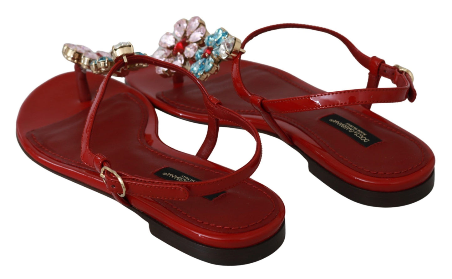 Dolce & Gabbana Iconic Red Leather Flats with Multicolor Crystals