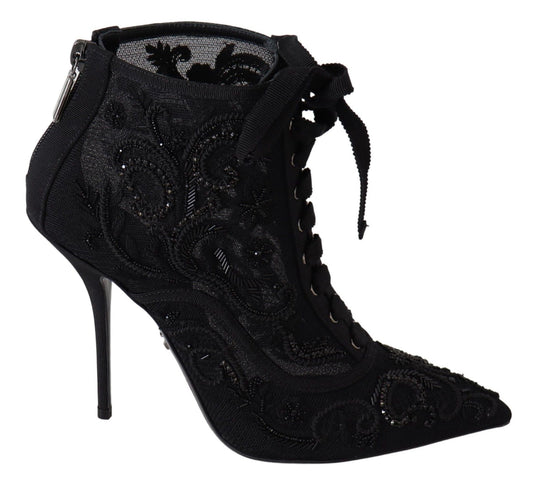 Dolce & Gabbana Elegant Black Tulle Lace-Up Boots