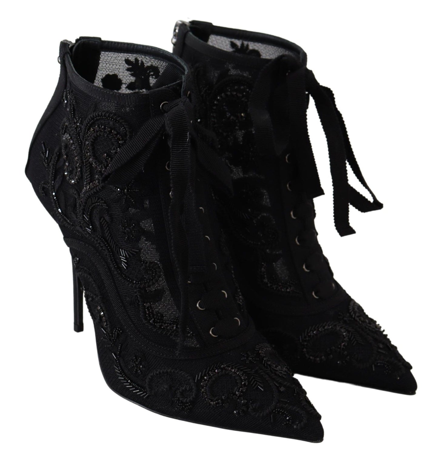 Dolce & Gabbana Elegant Black Tulle Lace-Up Boots