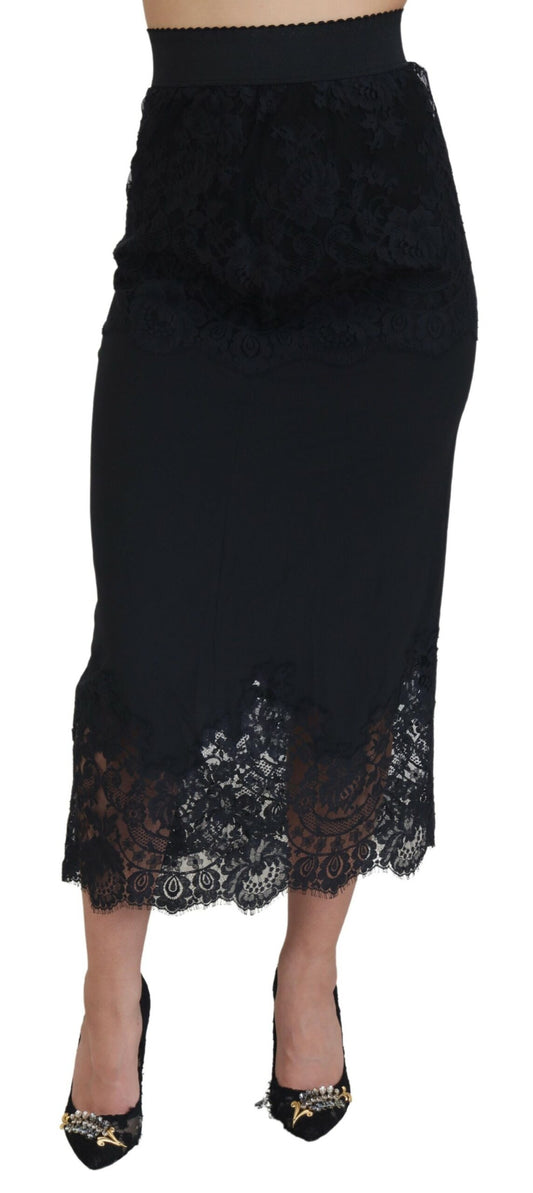 Dolce & Gabbana Black Silk Floral Lace High Waist Midi Skirt