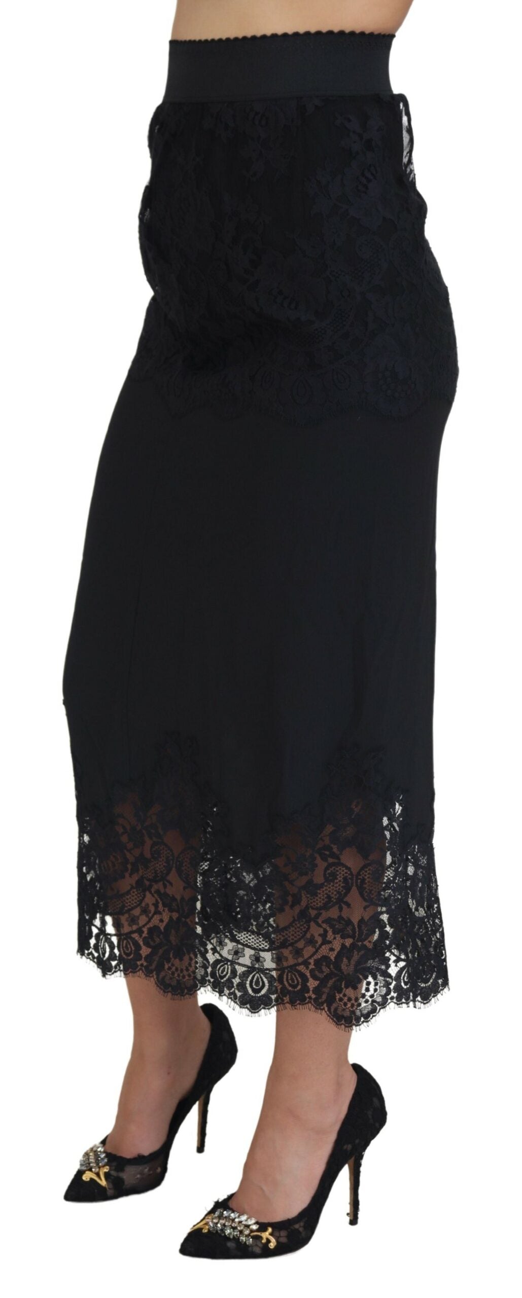 Dolce & Gabbana Black Silk Floral Lace High Waist Midi Skirt