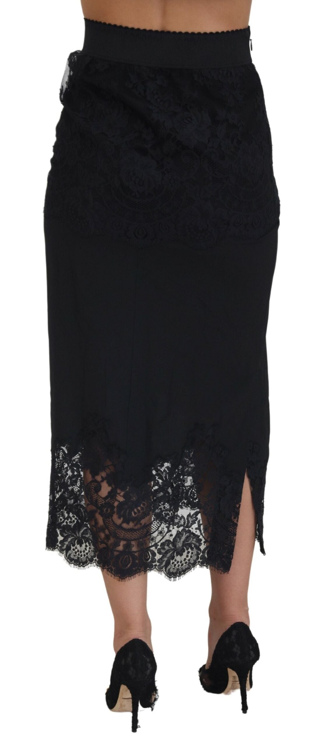 Dolce & Gabbana Black Silk Floral Lace High Waist Midi Skirt